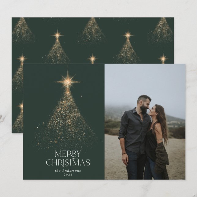 Gold glitter sparkle green modern Christmas photo Holiday Card (Front/Back)