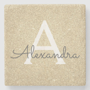 Gold Glitter & Sparkle Monogram Stone Coaster