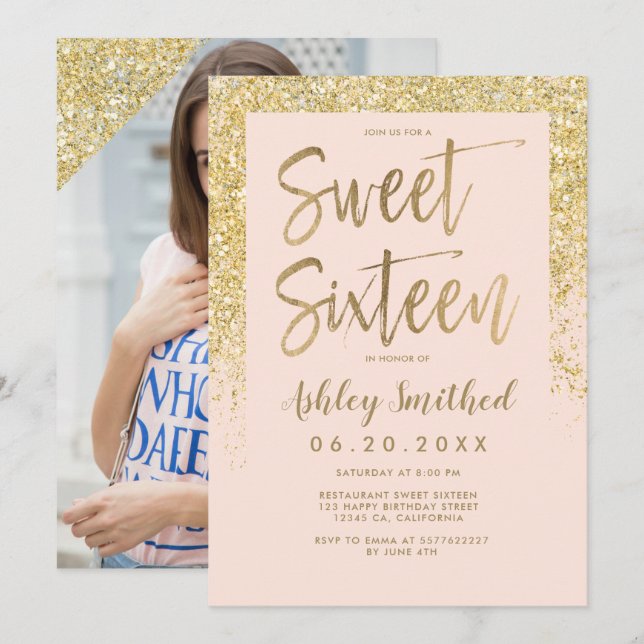 Gold glitter sparkle pink photo sweet sixteen invitation (Front/Back)