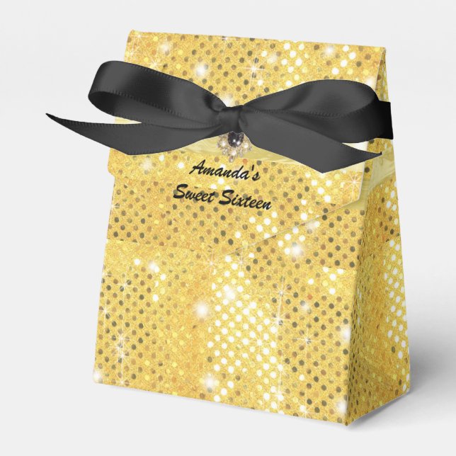 Gold Glitter Sparkle Satin Ribbon Personalised Favour Box (Front Side)