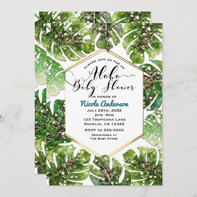 Gold Glitter Sparkle Tropical Leaves Baby Shower Invitation (Front/Back)