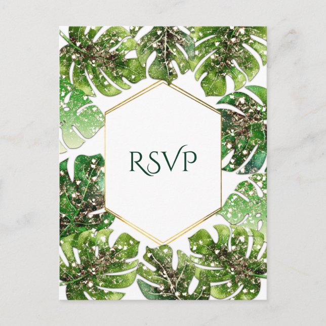 Gold Glitter Sparkle Tropical Leaves Wedding RSVP Invitation Postcard (Front)