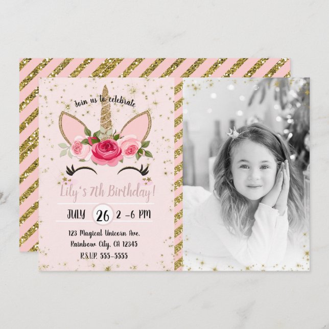 Gold Glitter Sparkle Unicorn Birthday Party Photo Invitation (Front/Back)