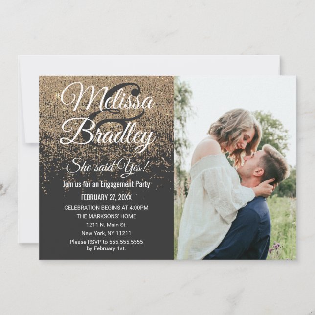 Gold Glitter Sparkles Black Engagement Invitation (Front)