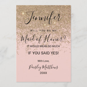 Gold Glitter Sparkles Blush Pink Maid of Honour Invitation