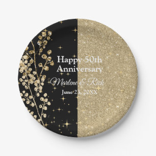 Gold Glitter Sparkles Elegant Black Calligraphy  Paper Plate