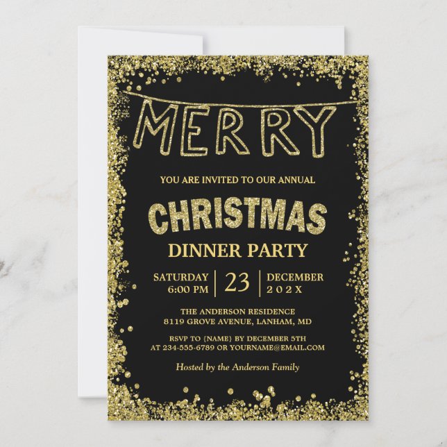 Gold Glitter Sparkles Merry Christmas Dinner Party Invitation (Front)