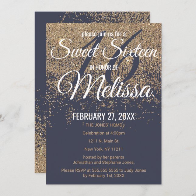 Gold Glitter Sparkles Navy Blue Sweet 16 Invitation (Front/Back)