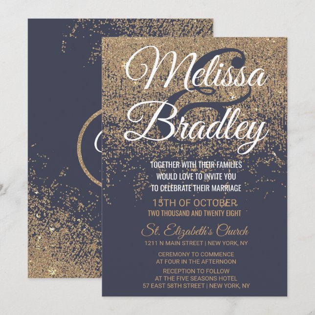 Gold Glitter Sparkles Navy Blue Wedding Invitation (Front/Back)