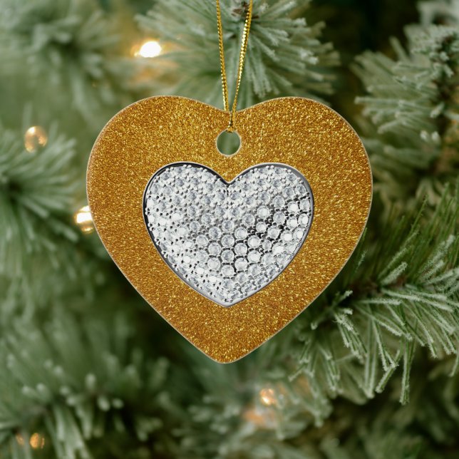Gold glitter sparkly heart ceramic tree decoration (Tree)