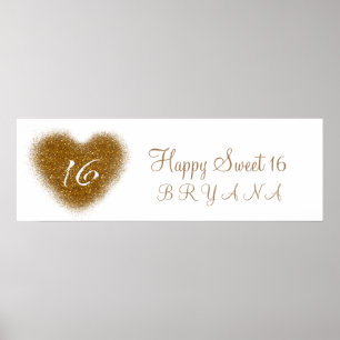 Gold Glitter Spill Sweet 16 Heart Party Banner Poster