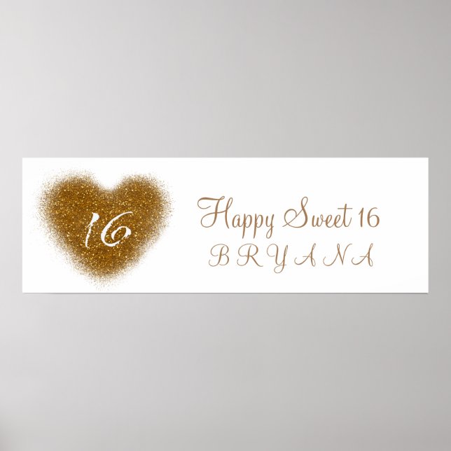 Gold Glitter Spill Sweet 16 Heart Party Banner Poster (Front)