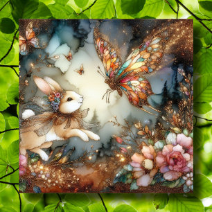 Gold Glitter Stained Glass Bunny Butterfly Easter  Holiday Card