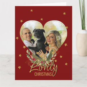 Gold Glitter Star Photo Heart Lovely Christmas Red Card