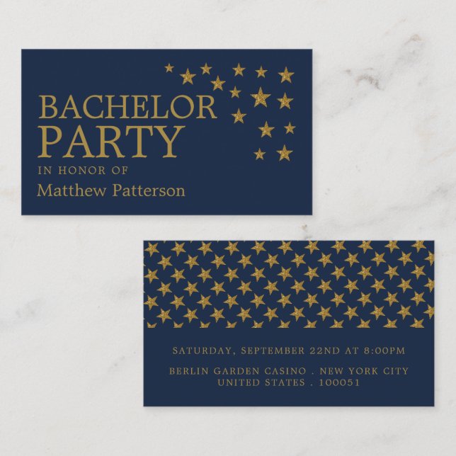 Gold Glitter Stars, Bachelor Party Ticket Invite (Front/Back)