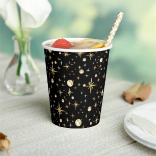 Gold glitter stars, black and gold paper cups