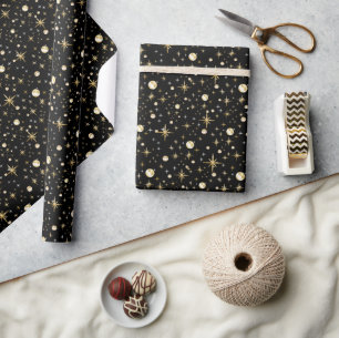 Gold glitter stars, black and gold wrapping paper