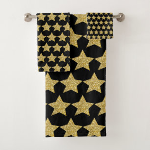 Gold Glitter Stars Black Bath Towel Set