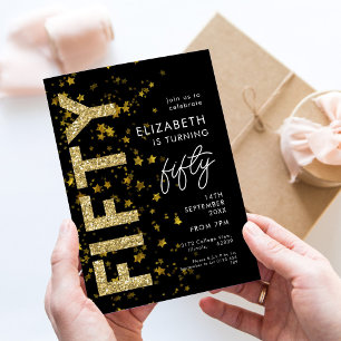 Gold Glitter Stars Black Fifty Birthday Party  Invitation