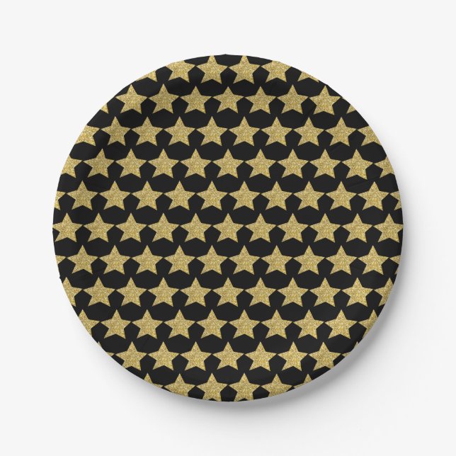 Gold Glitter Stars Black Paper Plate (Front)