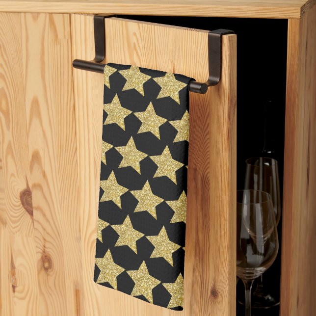 Gold Glitter Stars Black Tea Towel (Thirds Fold)