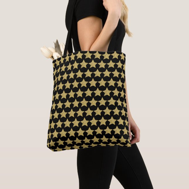 Gold Glitter Stars Black Tote Bag (Close Up)