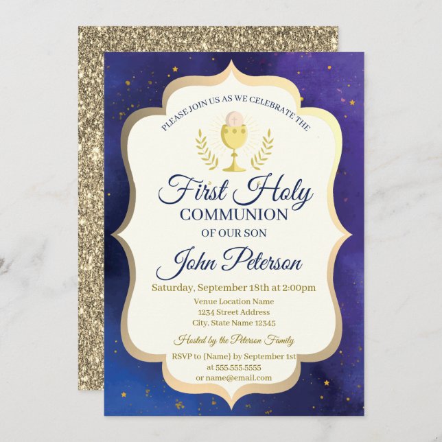 Gold Glitter,Stars,Chalice First Holy Communion  Invitation (Front/Back)