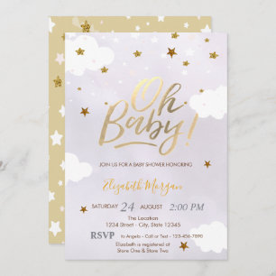 Gold Glitter Stars Clouds Lavender Baby Shower  Invitation