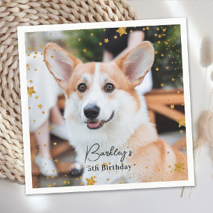 Gold Glitter Stars Custom Photo Pet Dog Birthday Napkin