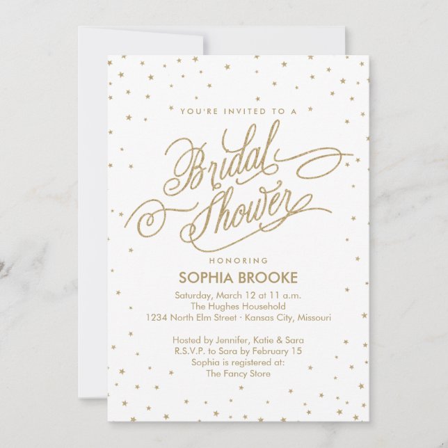 Gold Glitter Stars Elegant Bridal Shower Invitation (Front)