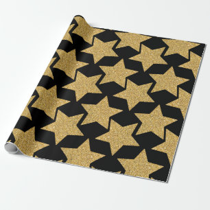 Gold Glitter Stars on Black Wrapping Paper