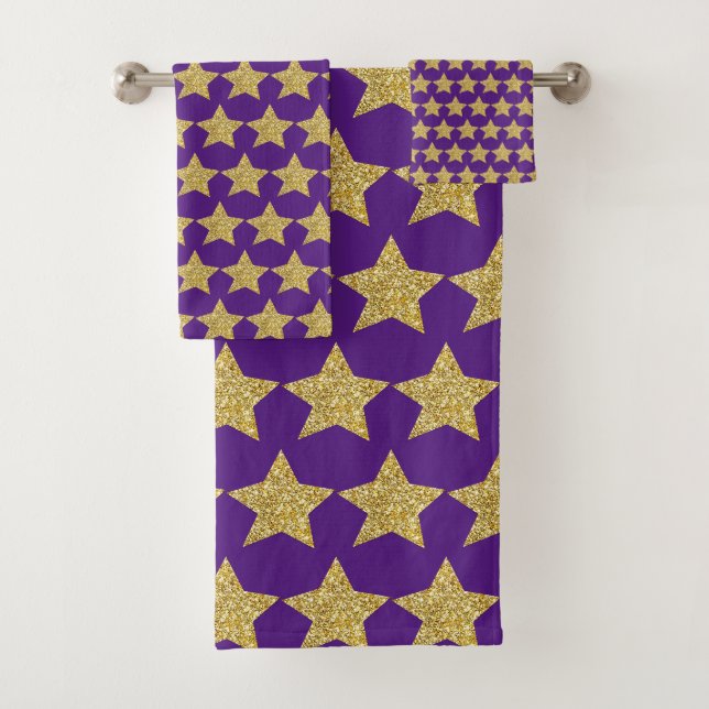 Gold Glitter Stars Purple Bath Towel Set (Insitu)
