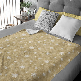 Gold Glitter Stars Snowflakes Fleece Blanket