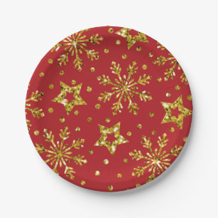 Gold Glitter Stars & Snowflakes Paper Plate