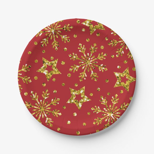 Gold Glitter Stars & Snowflakes Paper Plate (Front)