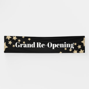 Gold Glitter Stars Sparkle Grand Re-opening Black Banner