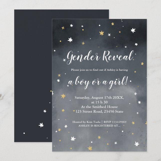 Gold glitter stars watercolor gender reveal invitation (Front/Back)