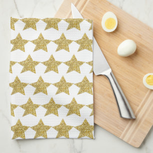 Gold Glitter Stars White Bath Tea Towel