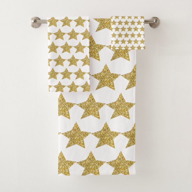 Gold Glitter Stars White Bath Towel Set (Insitu)