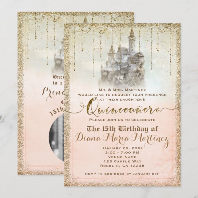 Gold Glitter Storybook Castle 15 Quinceañera Photo Invitation (Front/Back)