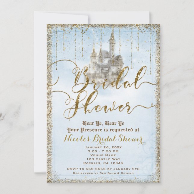 Gold Glitter Storybook Castle Blue Bridal Shower Invitation (Front)