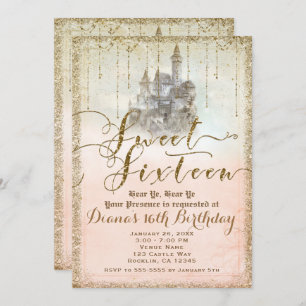 Gold Glitter Storybook Castle Sweet 16 Photo Party Invitation