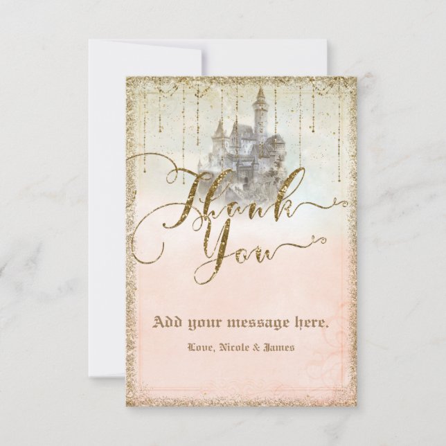 Gold Glitter Storybook Castle Wedding Thank You (Front)