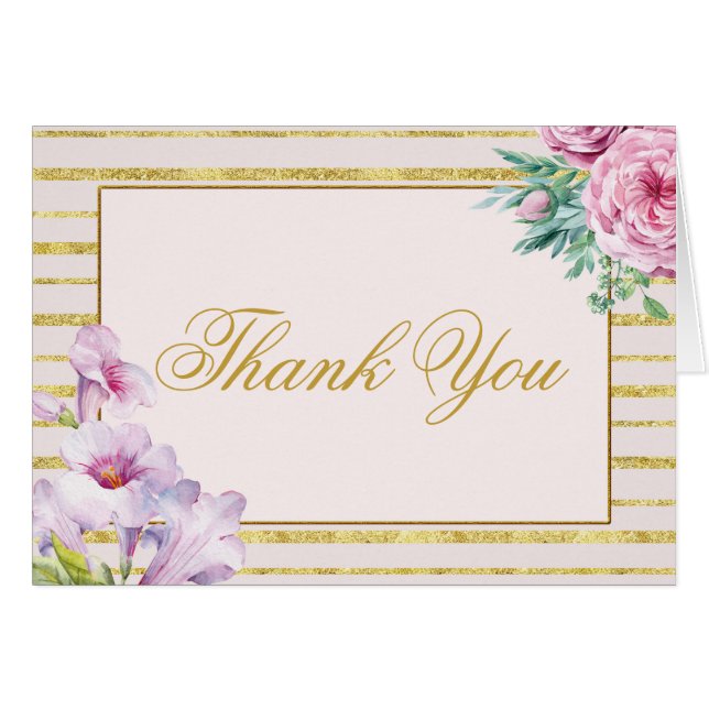 Gold Glitter Stripe and Floral Thank You Card (Front Horizontal)