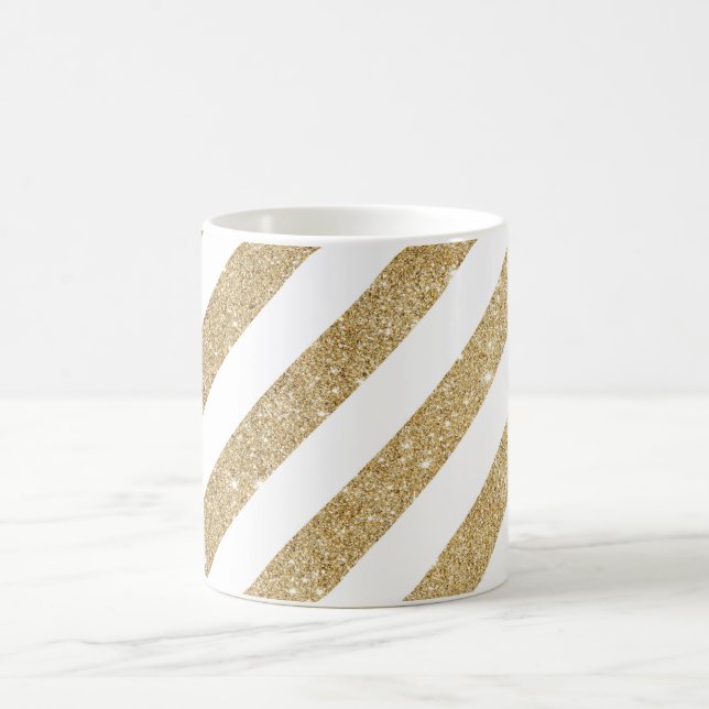 Gold Glitter Stripe Glam White Coffee Mug (Center)