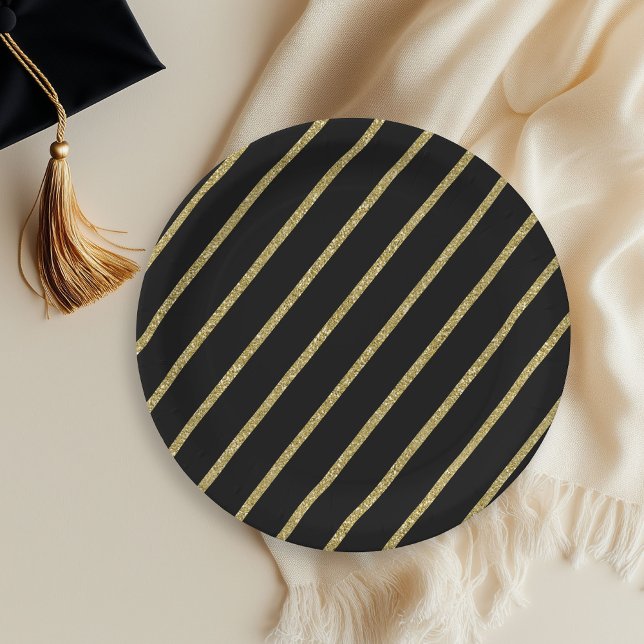 Gold Glitter Stripe Pattern On Black Paper Plate (Creator Uploaded)