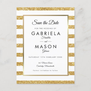 Gold Glitter Stripe Save the Date Announcement Postcard