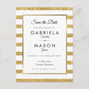 Gold Glitter Stripe Save the Date Postcard