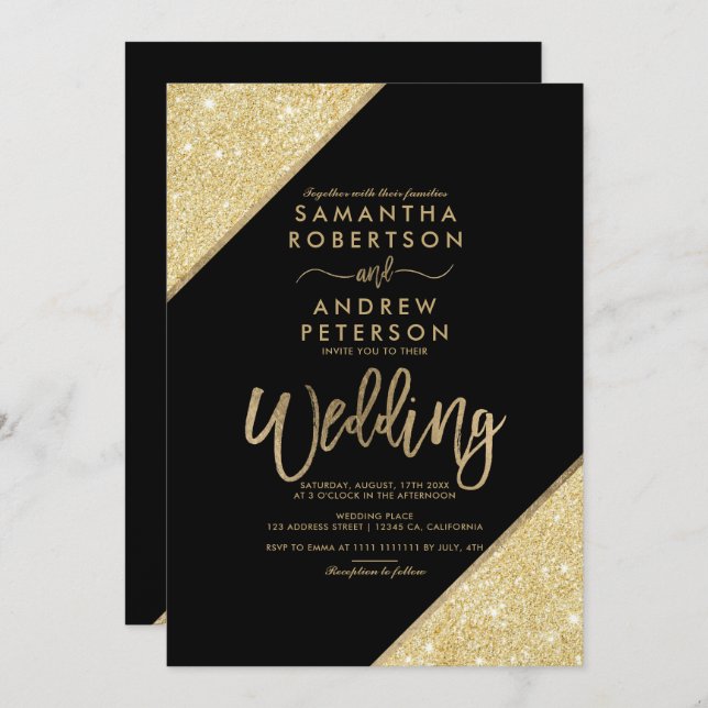 Gold glitter stripe typography chic black wedding invitation (Front/Back)