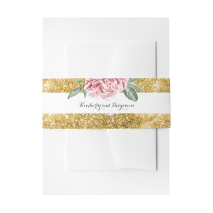 Gold Glitter Stripes and Pink Flower White Wedding Invitation Belly Band